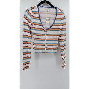 Self Esteem Junior's Striped Zip Front Crop Top Blue Size Small